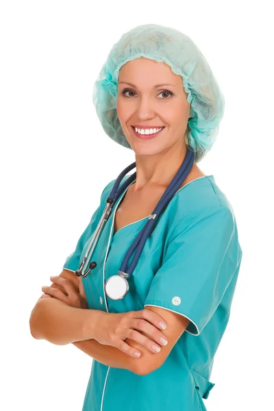 Médecin femme souriante, isolée sur fond blanc — Photo