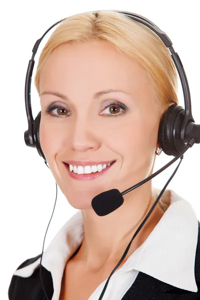 Glada call center operatören mot vit bakgrund — Stockfoto