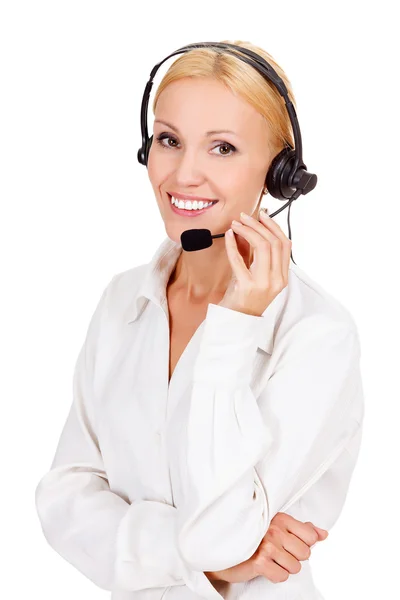 Call center exploitant tegen witte achtergrond. — Stockfoto