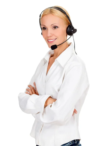 Callcenter-Betreiber vor weißem Hintergrund. — Stockfoto