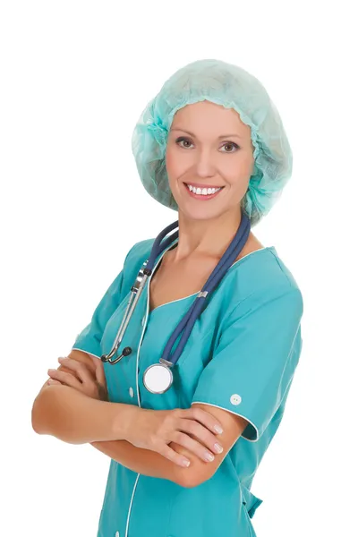 Female doctor smiling to you, isolated over a white background — Stock Photo, Image