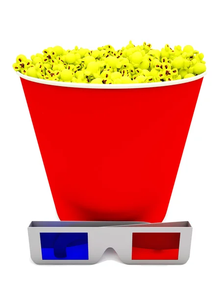 Popcorn box with 3d glasses — Stock Photo, Image