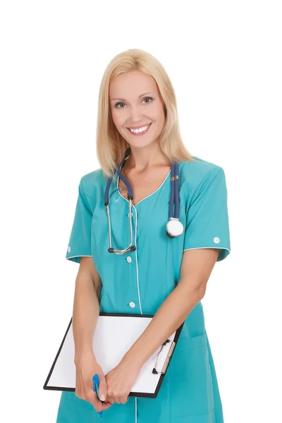 Smiling medical doctor woman with stethoscope and clipboard — Stock Photo, Image