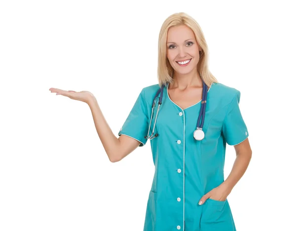Female doctor holding something on her hand — Stock Photo, Image