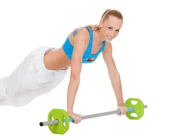 Entrenamiento de peso de mujer joven, fondo blanco . — Foto de Stock