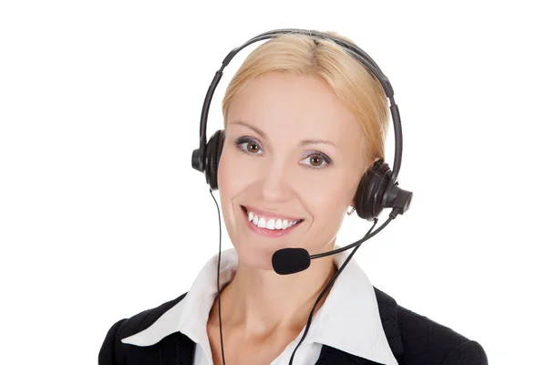 Fröhlicher Callcenter-Betreiber vor weißem Hintergrund.. — Stockfoto