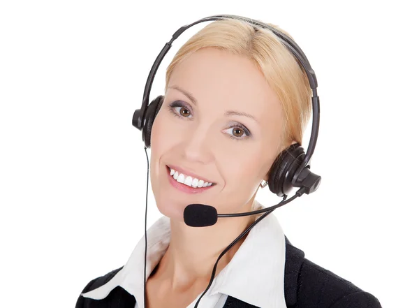Fröhlicher Callcenter-Betreiber vor weißem Hintergrund — Stockfoto