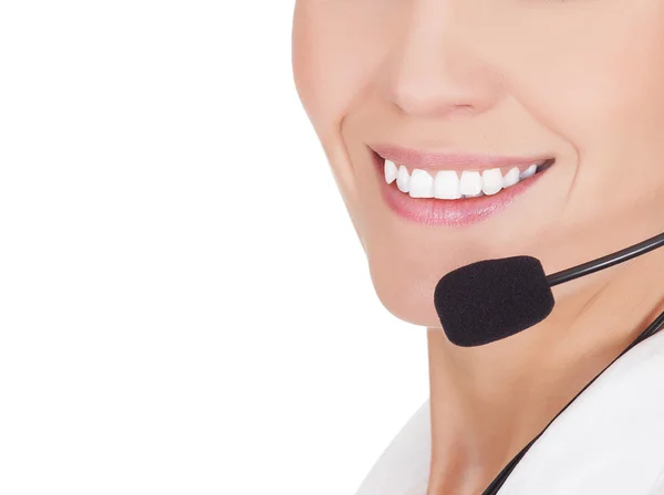 Cheerful call center operator against white background — Stock Photo, Image