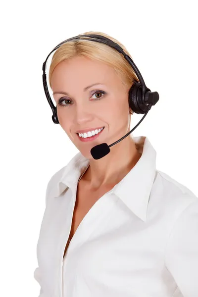 Allegro operatore del call center sullo sfondo bianco — Foto Stock