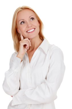 güzel bir genç kadın üzerinde yukarı doğru izole beyaz arıyorsunuz