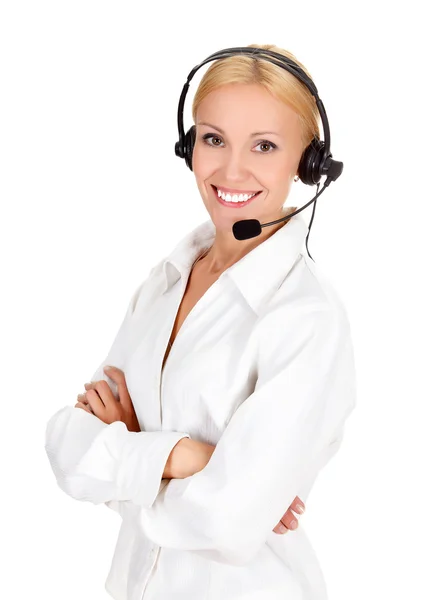 Cheerful call center operator against white background. — Stock Photo, Image