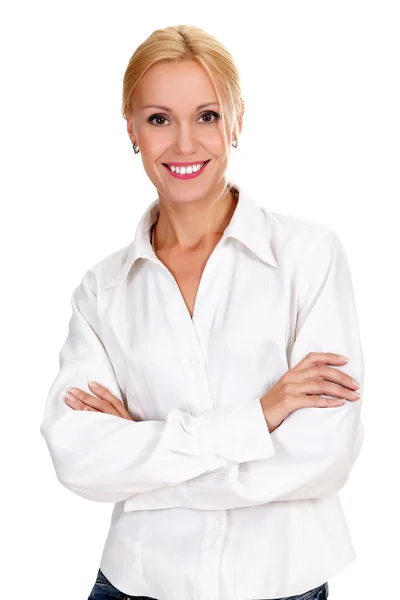 Confident young business lady posing against white background — Stock Photo, Image