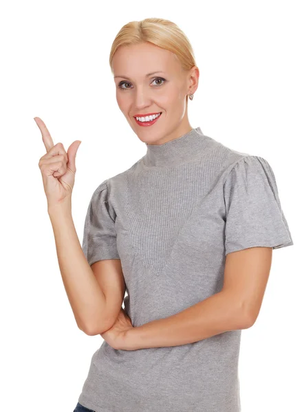 Woman pointing at something interesting — Stock Photo, Image