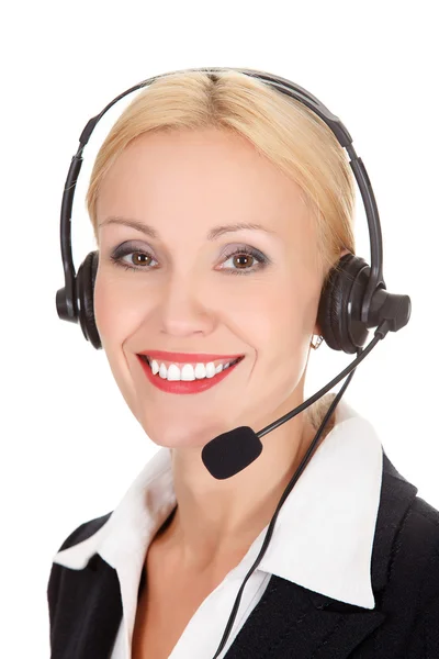 Allegro operatore del call center sullo sfondo bianco — Foto Stock