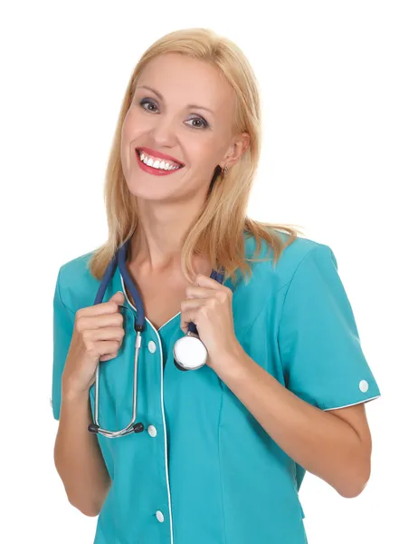 Young beautiful doctor with stethoscope isolated on white — Stock Photo, Image