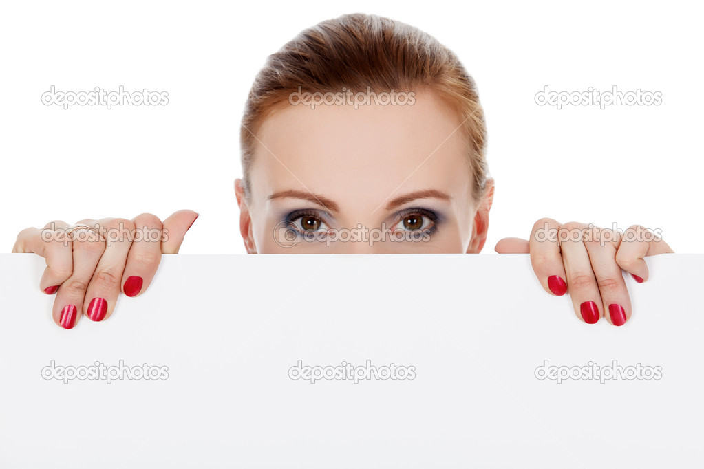 woman looking over white background