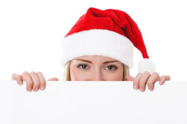 kadın santa Noel beyaz kartı tutan