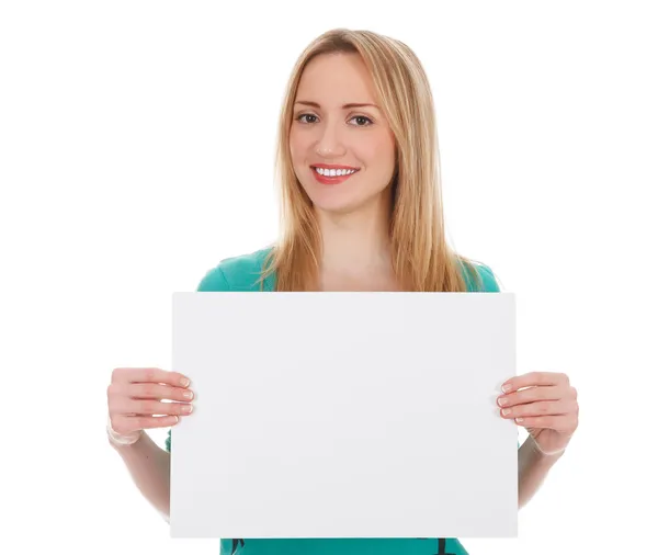 Mulher com placa branca em branco — Fotografia de Stock