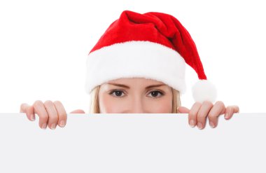 kadın santa Noel beyaz kartı tutan