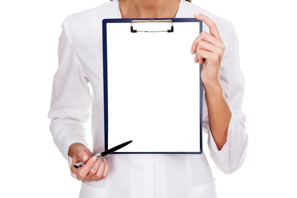 Medical female doctor holding blank billboard isolated on white — Stock Photo, Image