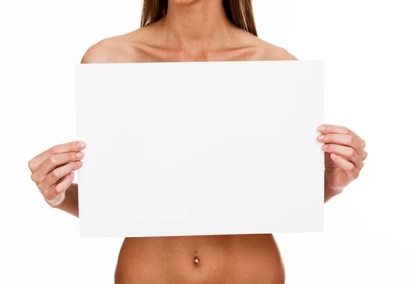 Young woman holding white banner — Stock Photo, Image