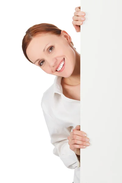 Mujer bonita con un tablero de presentación en blanco — Foto de Stock