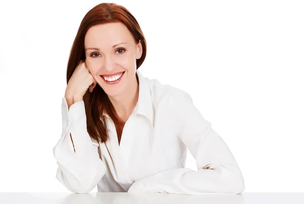 Szczęśliwy biznes kobieta uśmiechając się do Ciebie — Zdjęcie stockowe