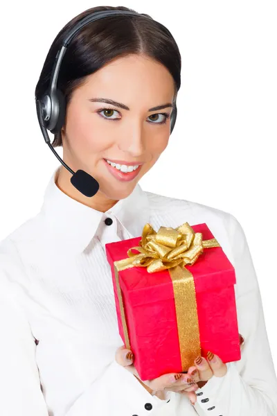 Call center operator with a gift box — Stok fotoğraf