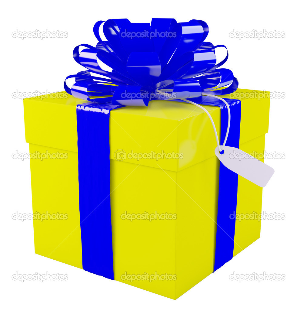 Big yellow gift box with a big blue bow, white background — Stock Photo © Nobilior 33938179