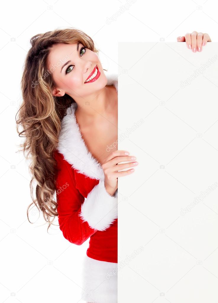 Woman in red dress with an empty billboard, white background