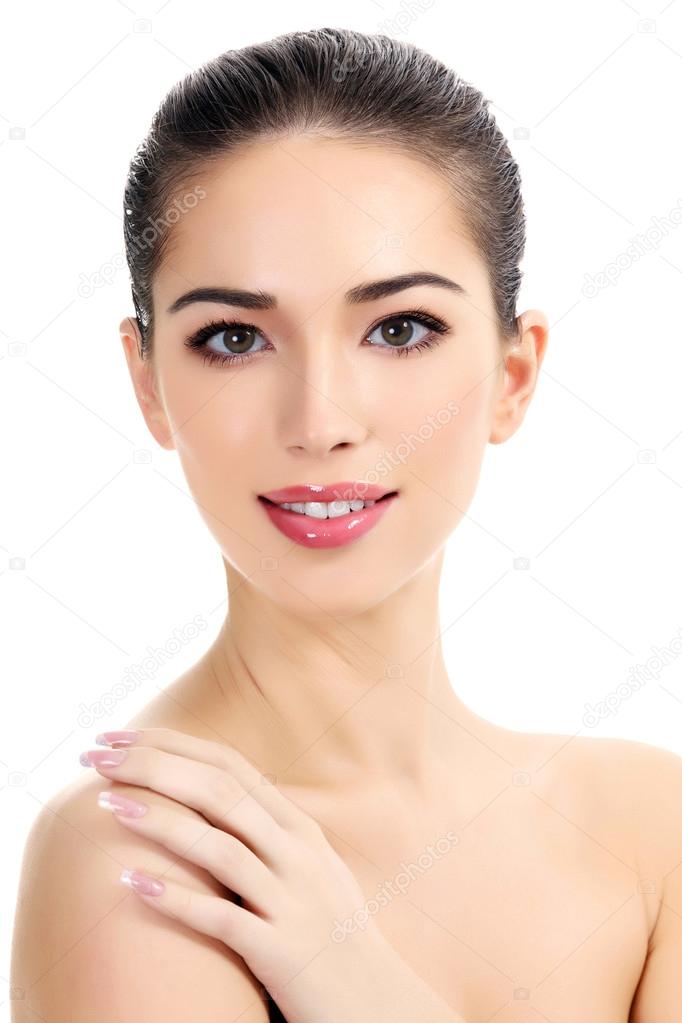 Beautiful girl with clean fresh skin, white background