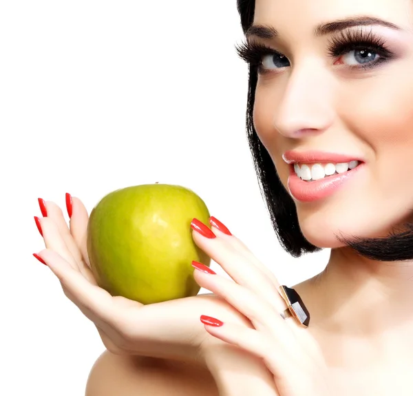 Flicka med grönt äpple — Stockfoto