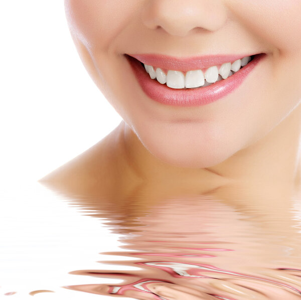 Young smiling woman, white background, copyspace