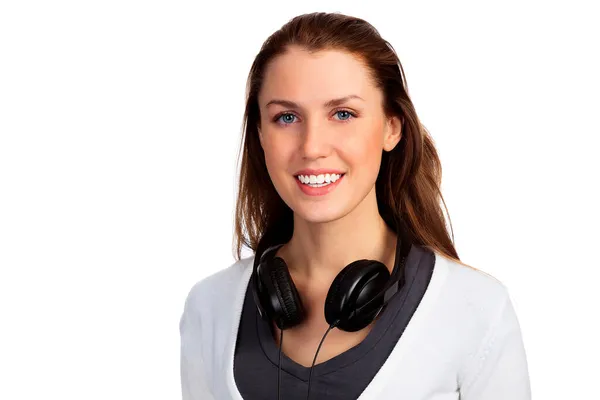 Chica Sonriente Con Auriculares Posando Sobre Fondo Blanco — Foto de Stock