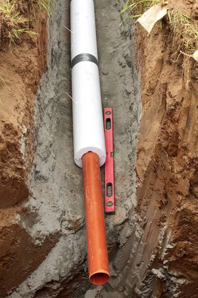 Installation Water Main Sanitary Sewer Storm Drain Systems Plastic Pipes — Stock fotografie