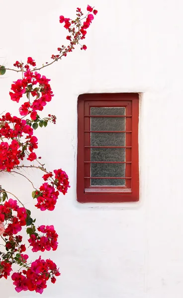 Scatola rossa su un edificio bianco con bellissimi fiori bouganville — Foto Stock