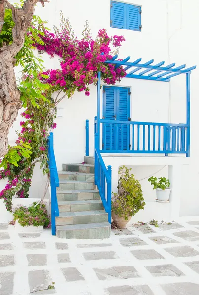 Bougainvillea Blumen rund um das Haus mit Balkon und Blume — Stockfoto