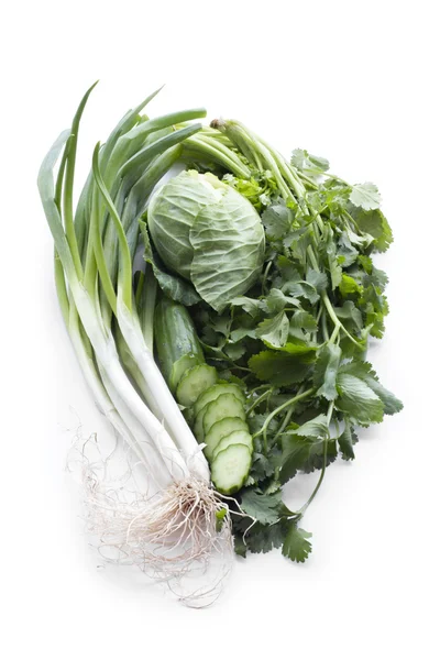 Green onions, cilantro, cucumber and cabbage. — Stock Photo, Image