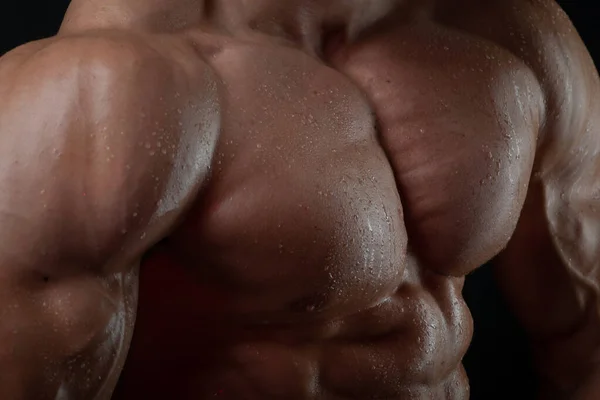 Muscled male chest with water drops