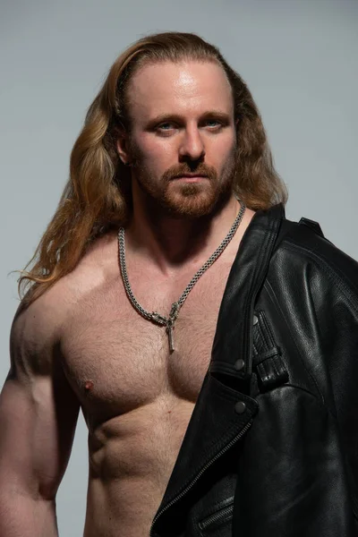 Fitness Male Model Leather Jacket — Stock Photo, Image