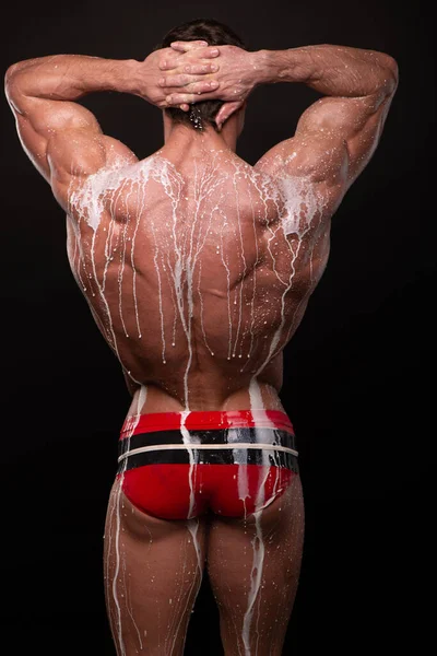 Muscled Male Model Milk Drops His Torso — Stock Photo, Image