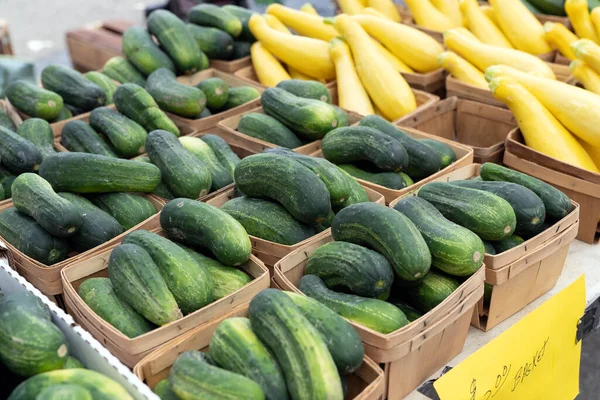 Ekologické Žluté Zelené Cukety Farmářském Trhu — Stock fotografie