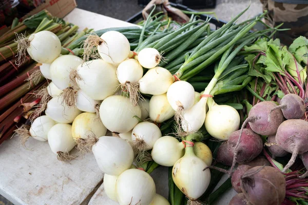 Yerel Çiftçi Pazarında Satılık Taze Yeşil Organik Soğan Beyaz Ampuller — Stok fotoğraf