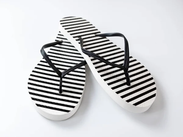 Pair Black White Stripe Rubber Flip Flops Isolated White Background — Stock Photo, Image