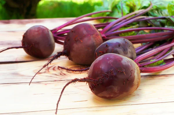 Beterrabas Frescas Beterraba Vermelha Beta Vulgaris Com Folhas Verdes Mesa — Fotografia de Stock