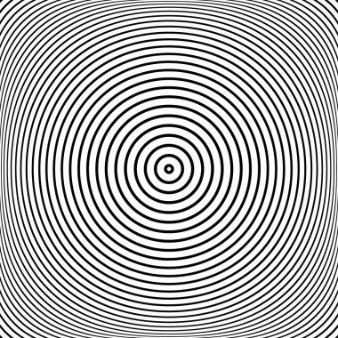 Eşmerkezli halka deseni. Soyut çember çizgileri arka planda 3 boyutlu illüzyon etkisi yaratıyor. Vektör sanatı.