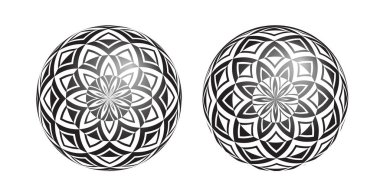 Od 3 boyutlu küresel şekilleri geometrik desenle ayarla. Soyut dekoratif tasarım unsurları. Vektör sanatı.