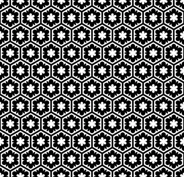 Sömlösa Hexagoner Och Blommor Mönster Abstrakt Svart Och Vit Blommig — Stock vektor