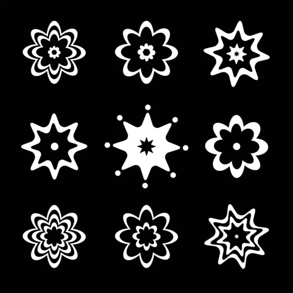 Flores Abstractas Iconos Estrellas Elementos Diseño Blanco Sobre Fondo Negro — Vector de stock