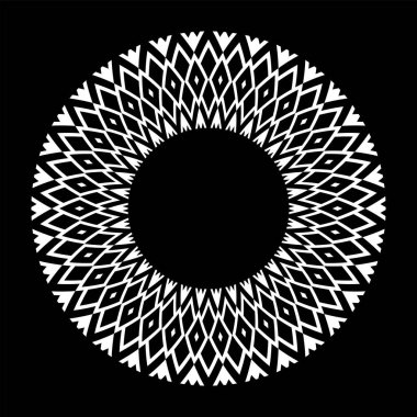 Siyah arkaplanda soyut dekoratif geometrik daire şeklinde beyaz desen. Vektör sanatı.